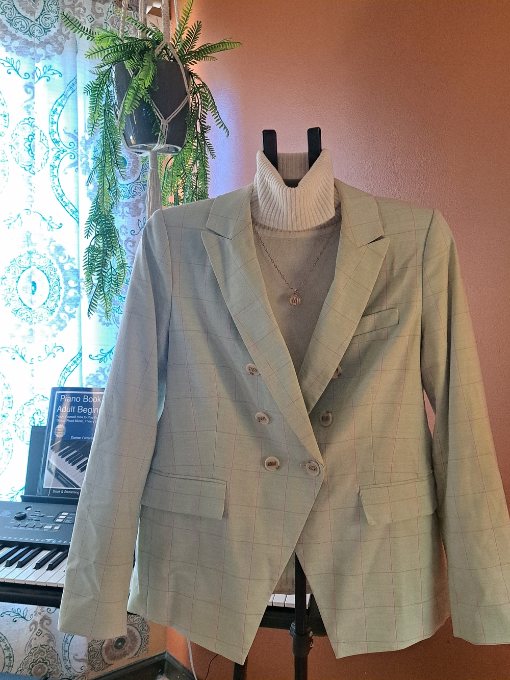 Dkny Mint Green Windowpane Double-Breasted Blazer